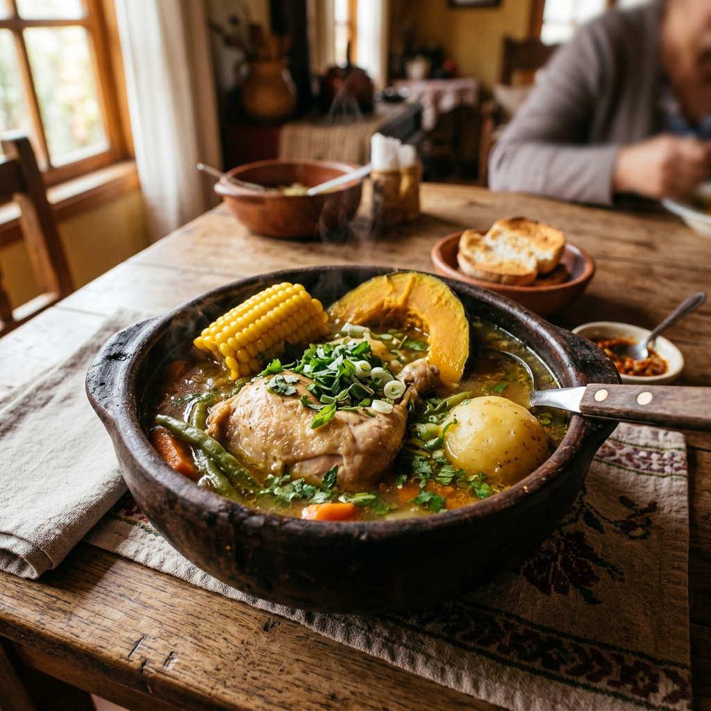 Steaming bowl of chicken stew with corn, pumpkin, potato, green beans, and herbs